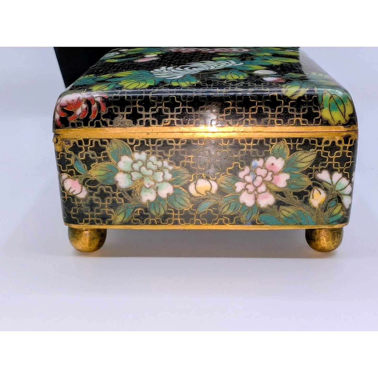 Antique Small Chinese Black Cloisonne Brass Footed circa 1900 Hinged Trinket Box