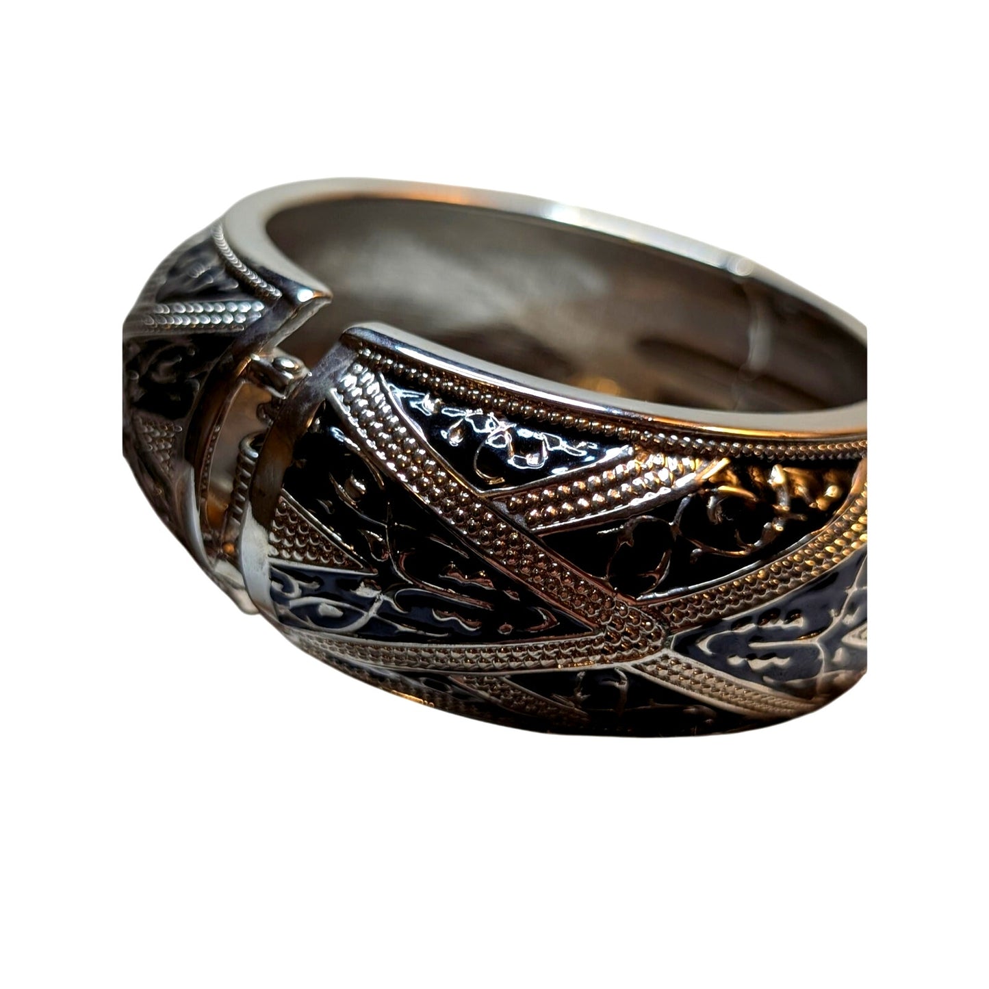 Black Enamel Silver Tone Wide Domed Hinged Bangle Clamper Bracelet