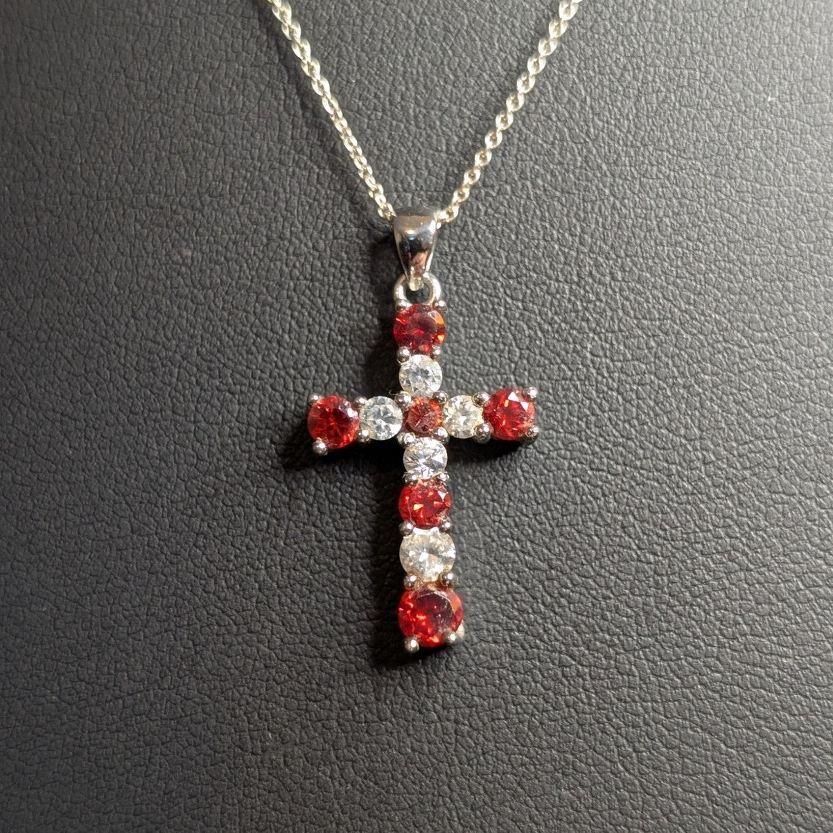 925 Sterling Silver Red & Clear Crystal Cross Pendant 18" Necklace
