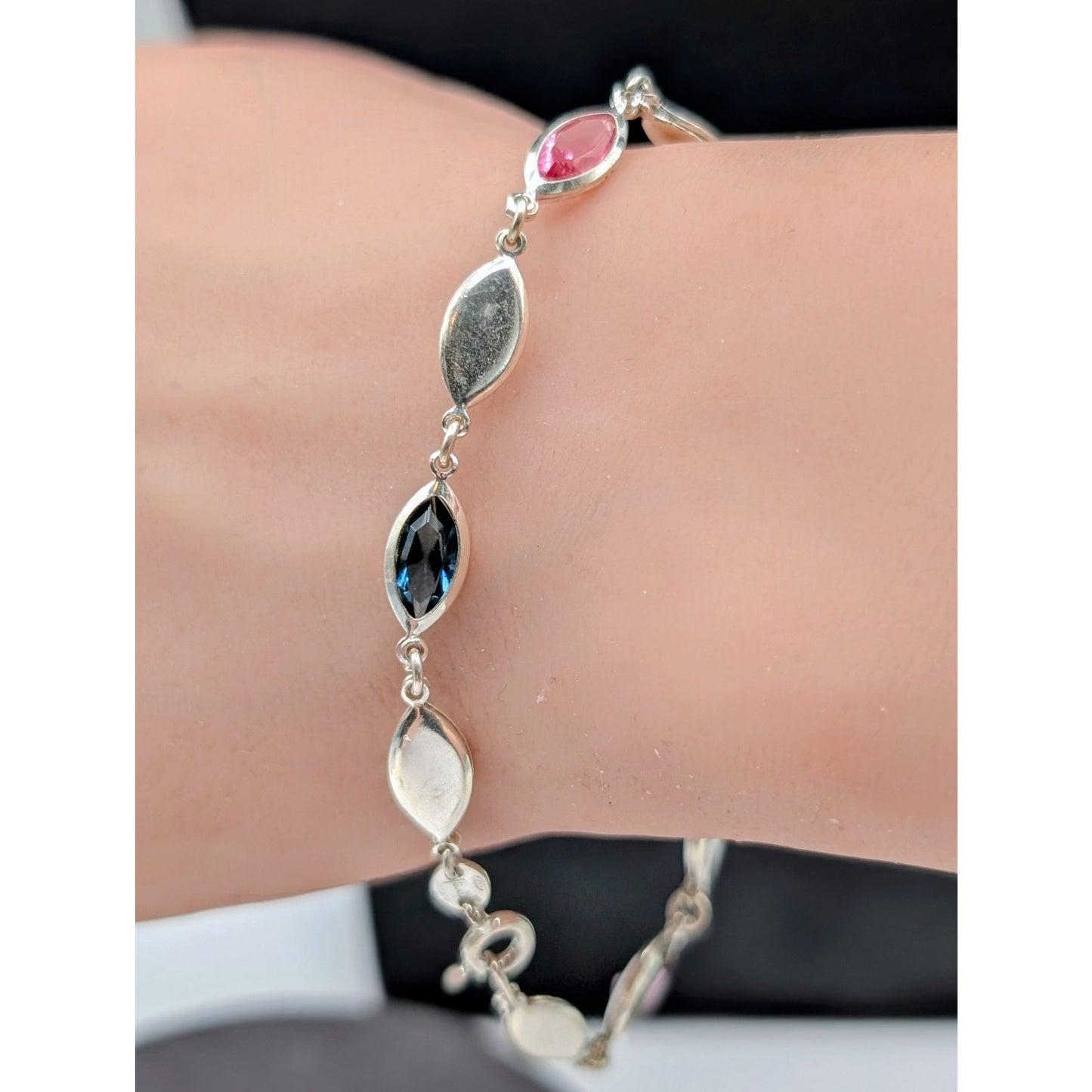 VTG Looks Like 'Powel'l 925 Sterling Silver Cut Glass Marquis Station Bracelet