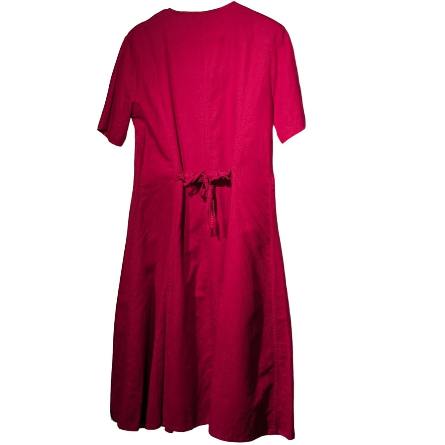 Red Linen Blend Tie Back Button Front V-Neck Short Sleeve A-Line Dress Sz XL