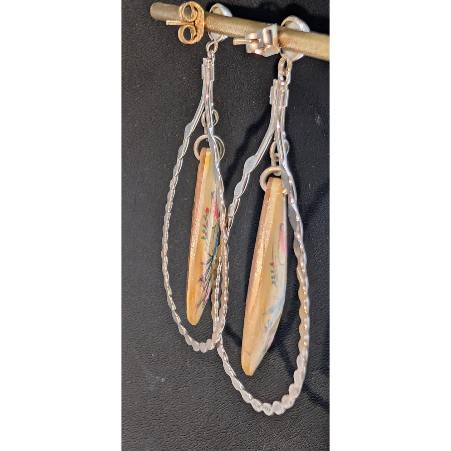 Vtg Middle Eastern Persian MOP Hand-Painted Two-Sided Bird Dangle/Drop Earrings