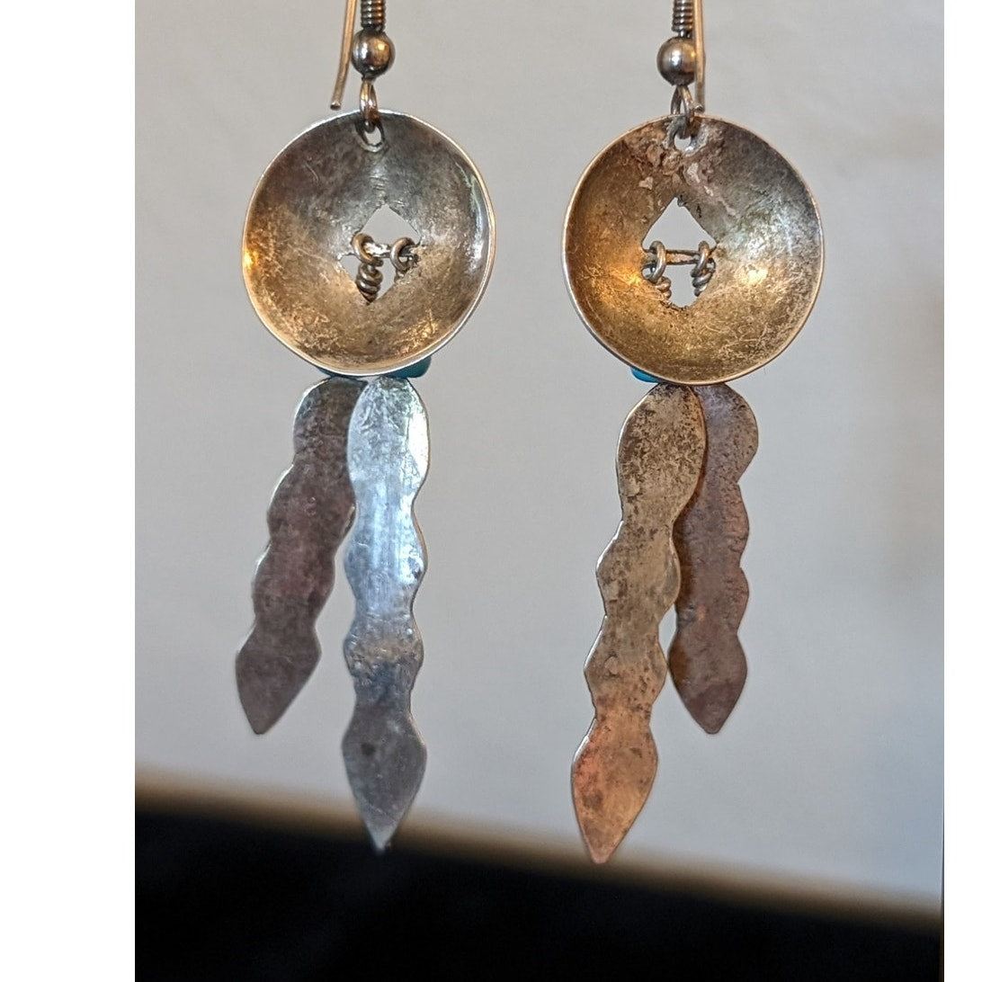 Vintage Native American Navajo Concho Turquoise Bead Feather Dangle Earrings