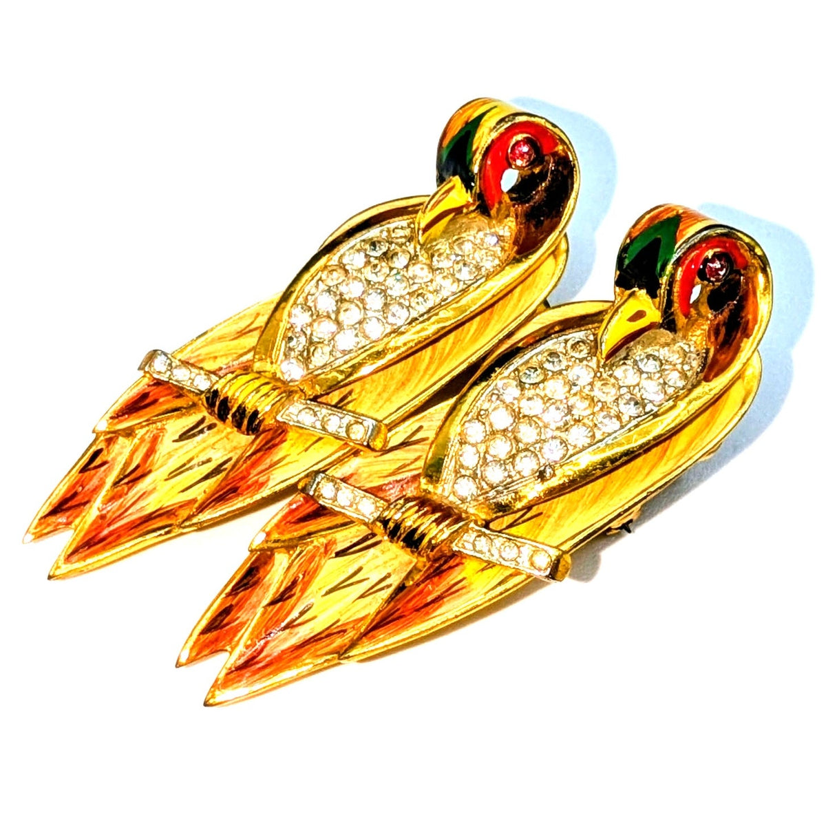 Corocraft Vtg Sterling Gold Pave Enamel Love Birds on Branch Duet Pins/Fur Clip