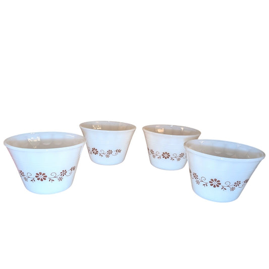 Vintage 1960s Dynaware Pyr-O-Rey Brown Daisy Milk Glass Custard Cups Set of Four