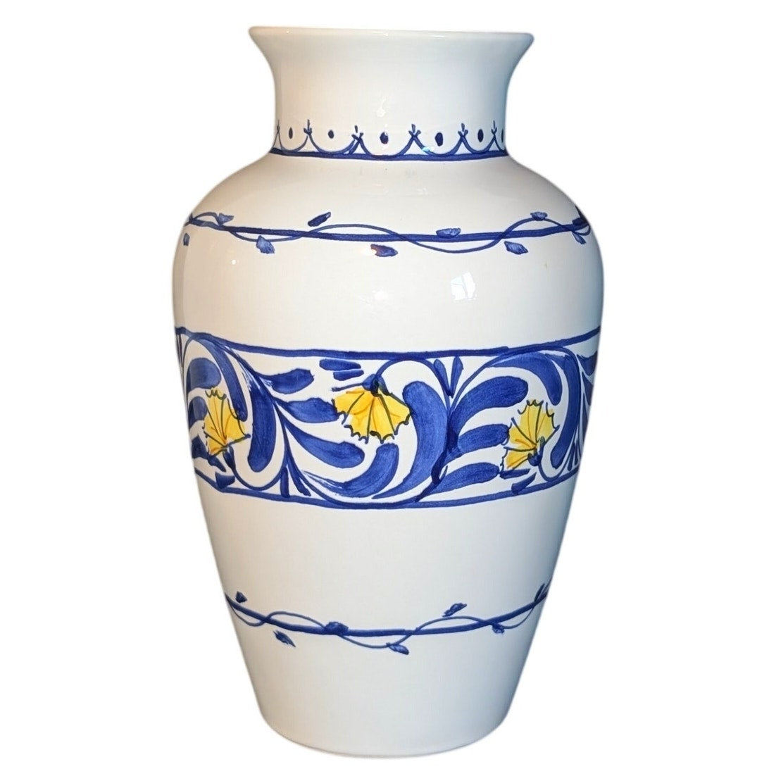 Vintage Signed Dipinto A Mano Italian Pottery Blue White Yellow Vase