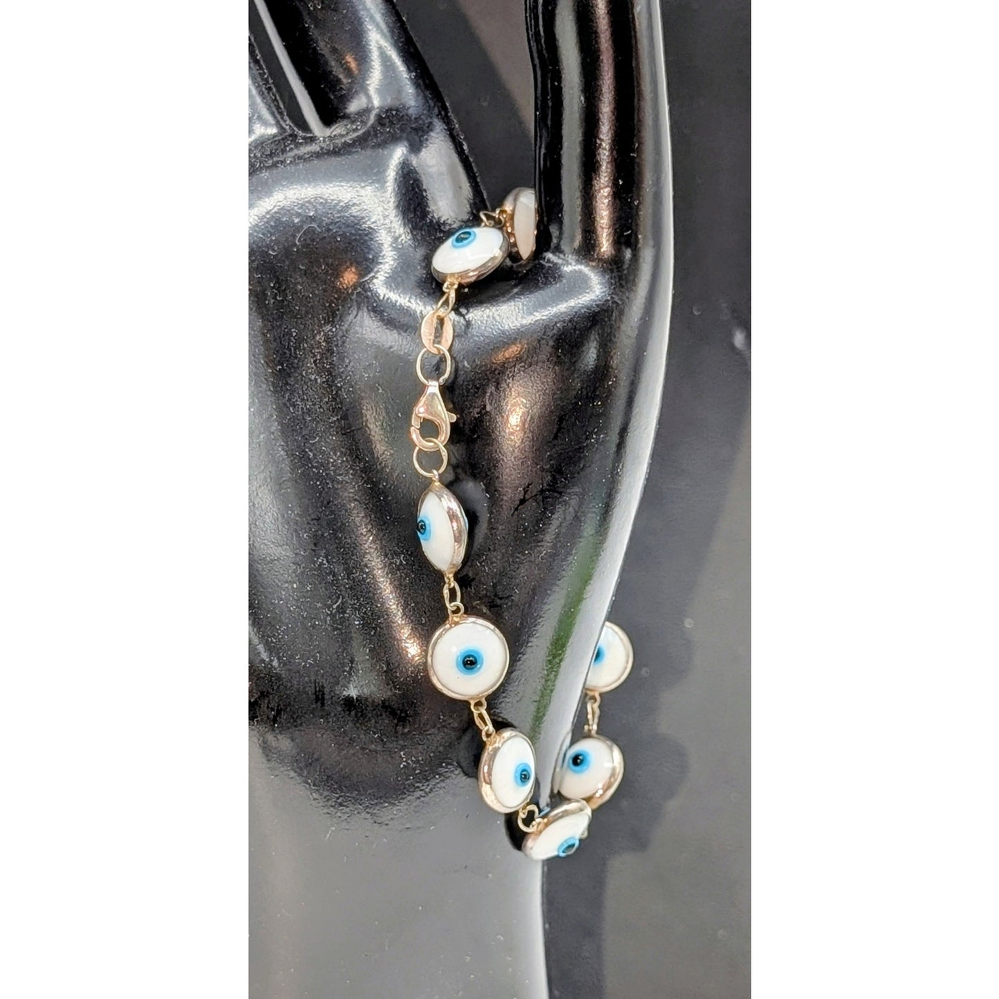Vintage 925 Sterling Silver Bezel Set White Glass Eye Bead Chain Bracelet