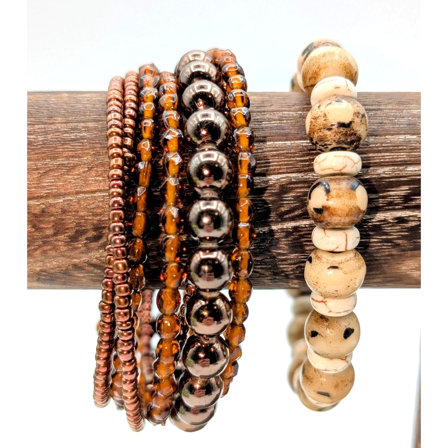 Lot of Six Brown/Cream Stone & Beaded Bracelets