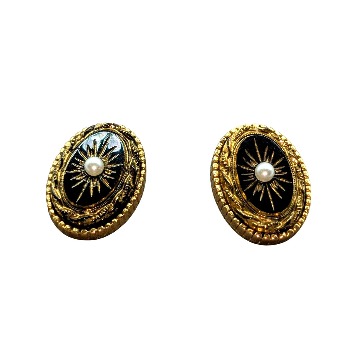 Vintage Sphinx Victorian Revival Black Gold Faux Pearl Clip On Earrings