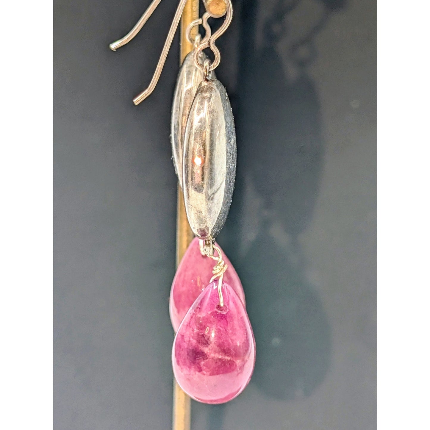 Vintage 925 Sterling Silver Pink Spinel Teardrop Dangle Wire Earrings