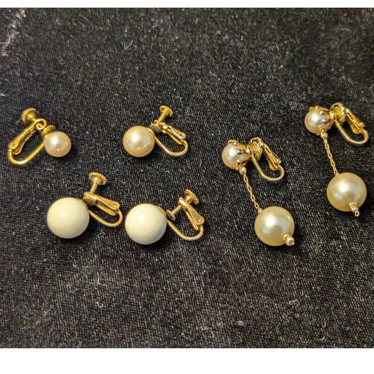 Three Pair Cream Theme Vintage Clip On & Screw On Earrings