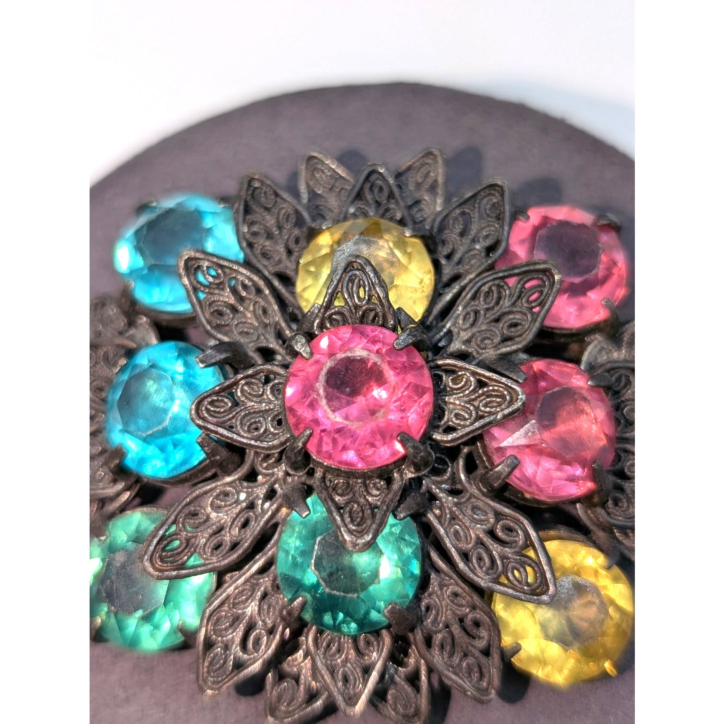 VTG/Antique 1920s or 30s Multi-Color Czech Glass Filigree Art Deco Brooch