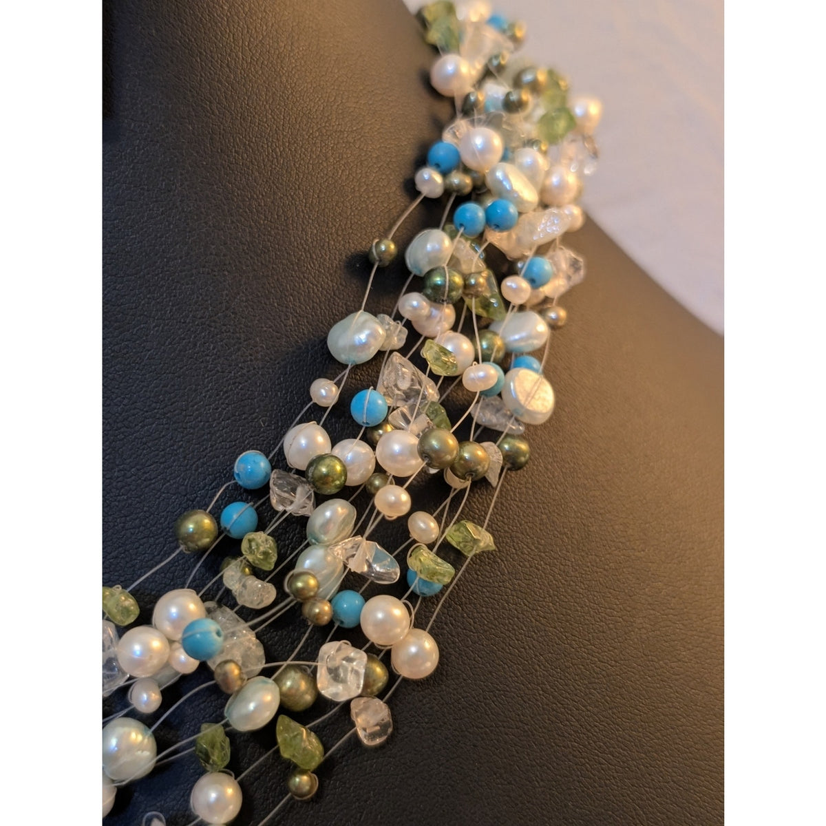 Multi-Strand Pearl Peridot Quartz Turquoise Bead 17"-19" 925 Sterling Necklace