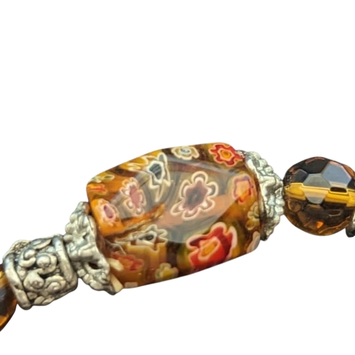 Millefiori Orange Glass Flower & Amber Beaded Stretch Bracelet