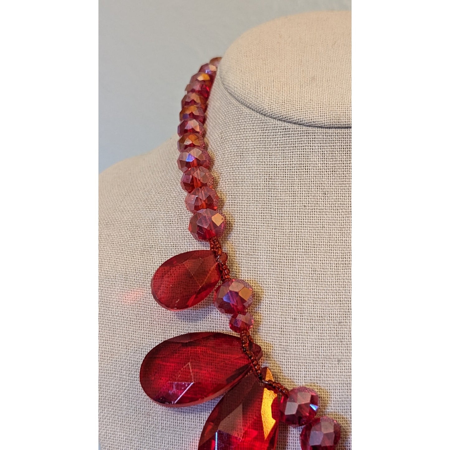 Large Chunky Red Glass Crystal Necklace and Earring Set