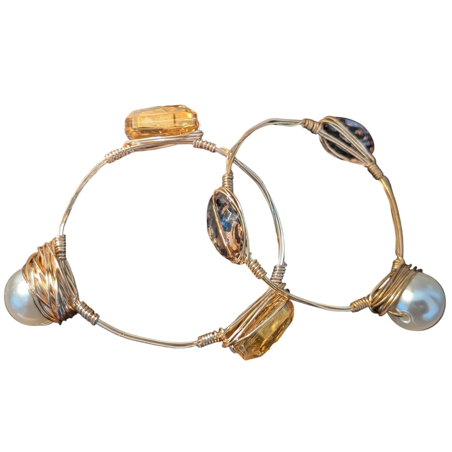 Two Chunky Wire Wrapped Gold Tone Faux Pearl Gem 2.5" Wide Bangle Bracelets
