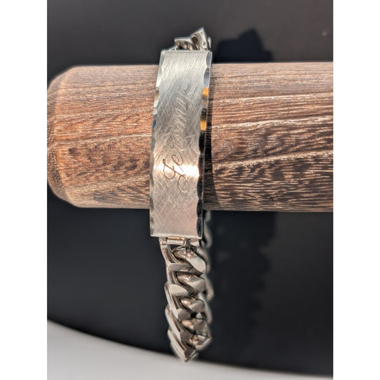 Vtg SPEIDEL USA Mens 'Jeremy' Engraved Silver Tone ID Bracelet Signed STE TA