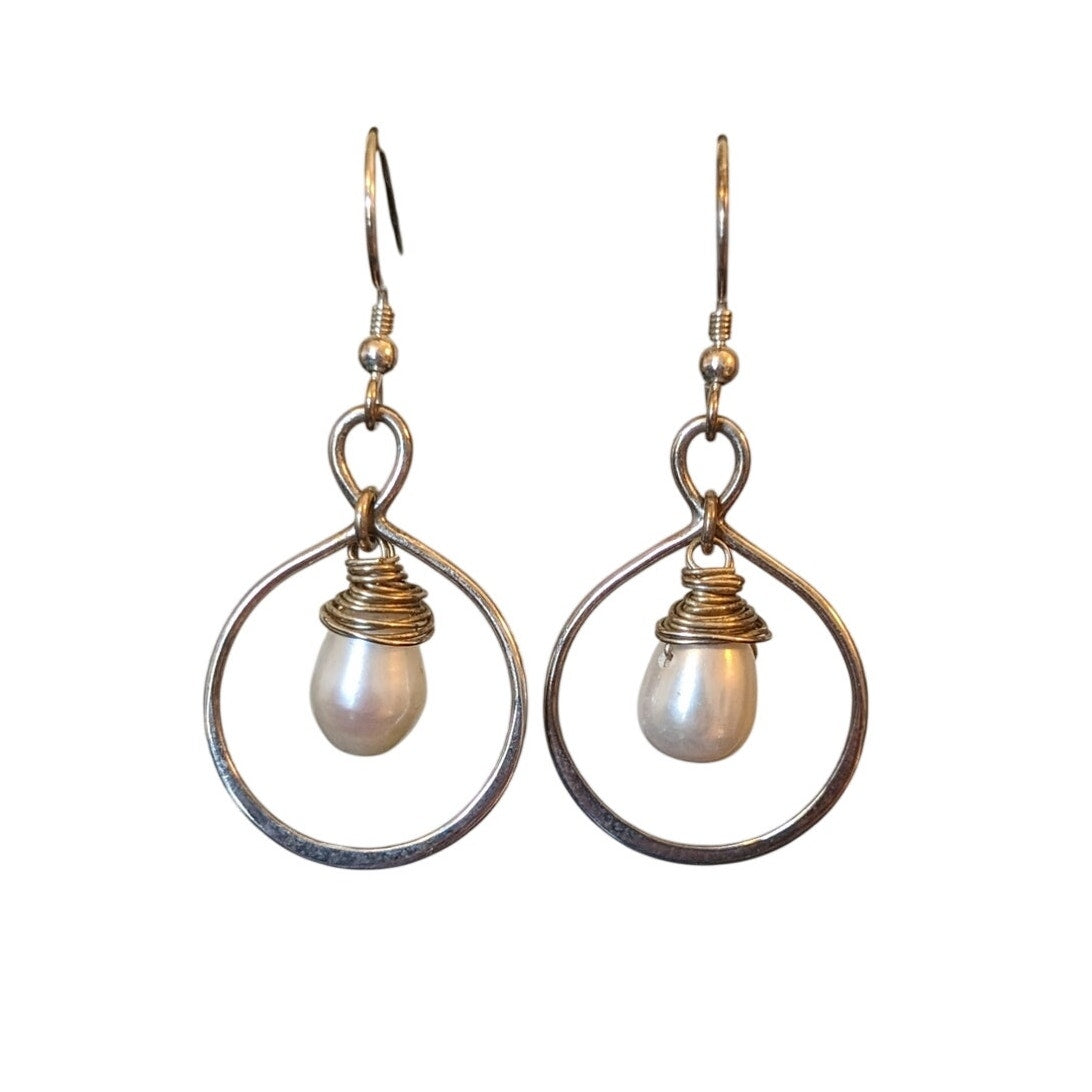 Marked Sterling Wire Wrapped Pearl Drop Dangle Earrings on French Wire