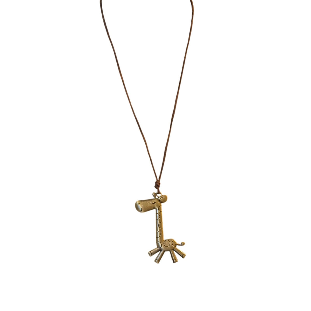 Brass Tone Cartoonish Giraffe Pendant Cord Necklace