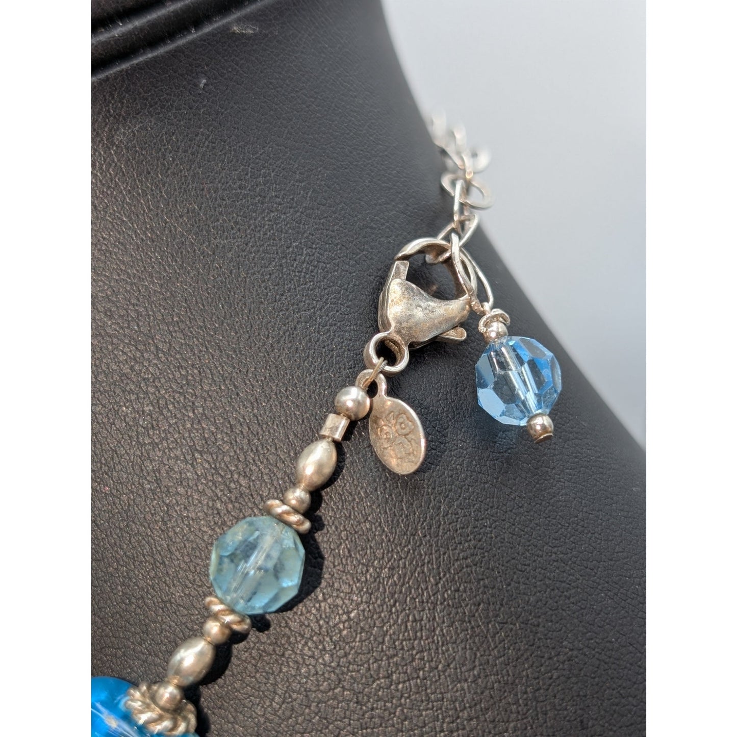 Vintage LCG 925 Sterling Silver Blue Striped Foil Murano Bead 18"-21" Necklace