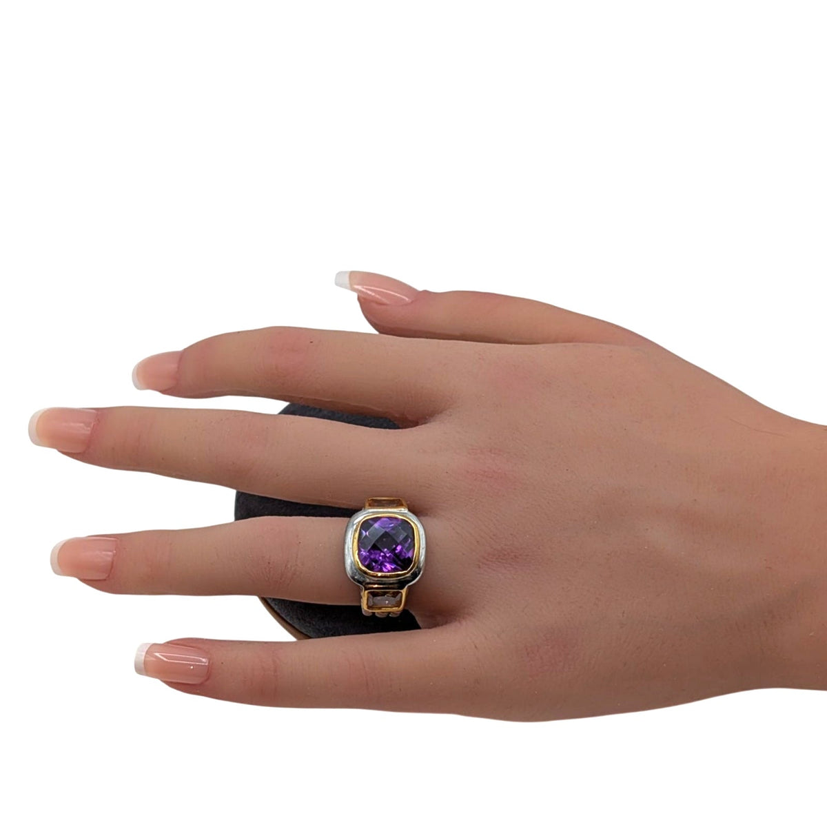 18K Gold Electroplate Mixed Metal Purple & Gold Glass Stone Ring Size 5.25