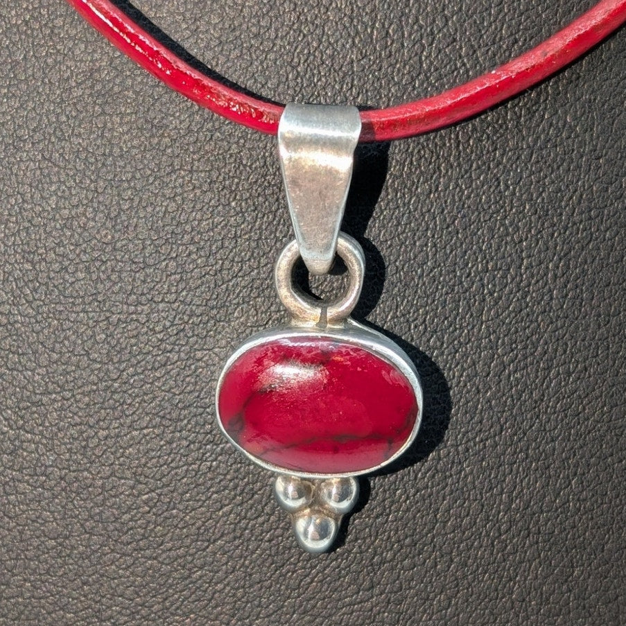Vtg 925 Sterling Mexican Taxco Red Jasper Pendant Red Leather Cord Necklace