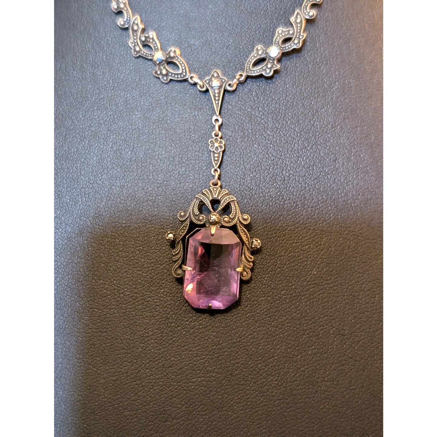 Antique Art Deco Sterling Amethyst Marcasite Filigree Pendant Paperclip Necklace