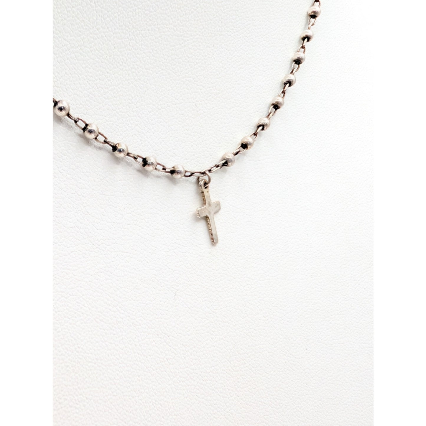Vintage 925 Sterling Beaded Chain Tiny Cross Pendant Choker 16" Necklace