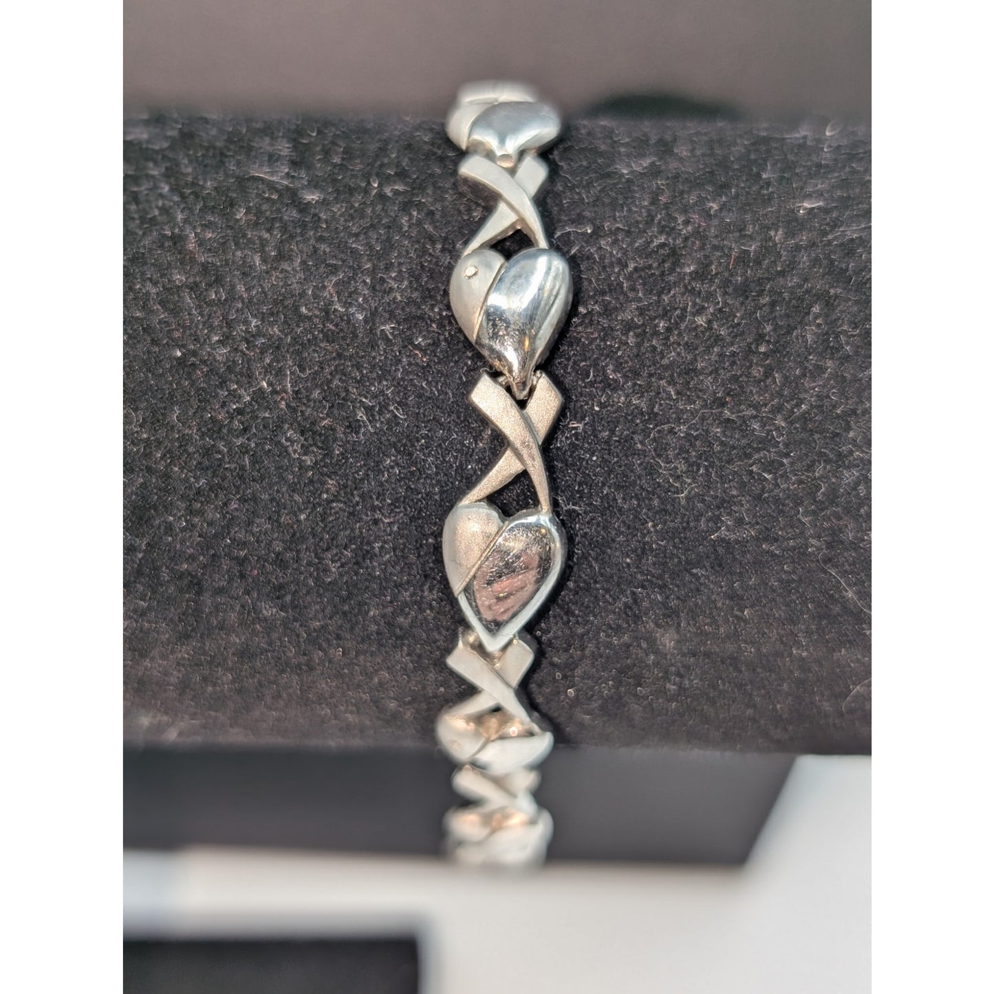 Vintage JC 925 Sterling Silver Diamond Accents Heart 'X' Link Bracelet 11.9g