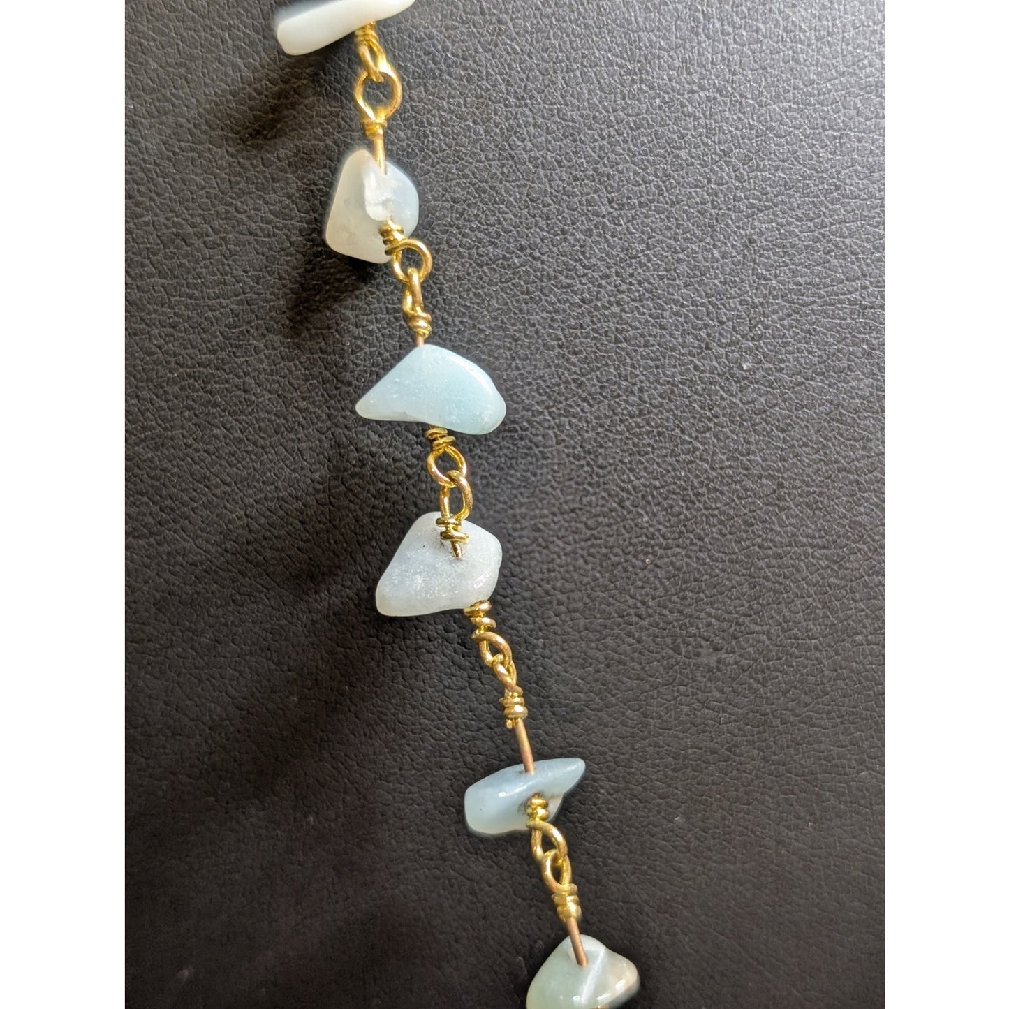Blue Stone Chip Rosary Chain Leather Tassel Boho 36" Long Necklace