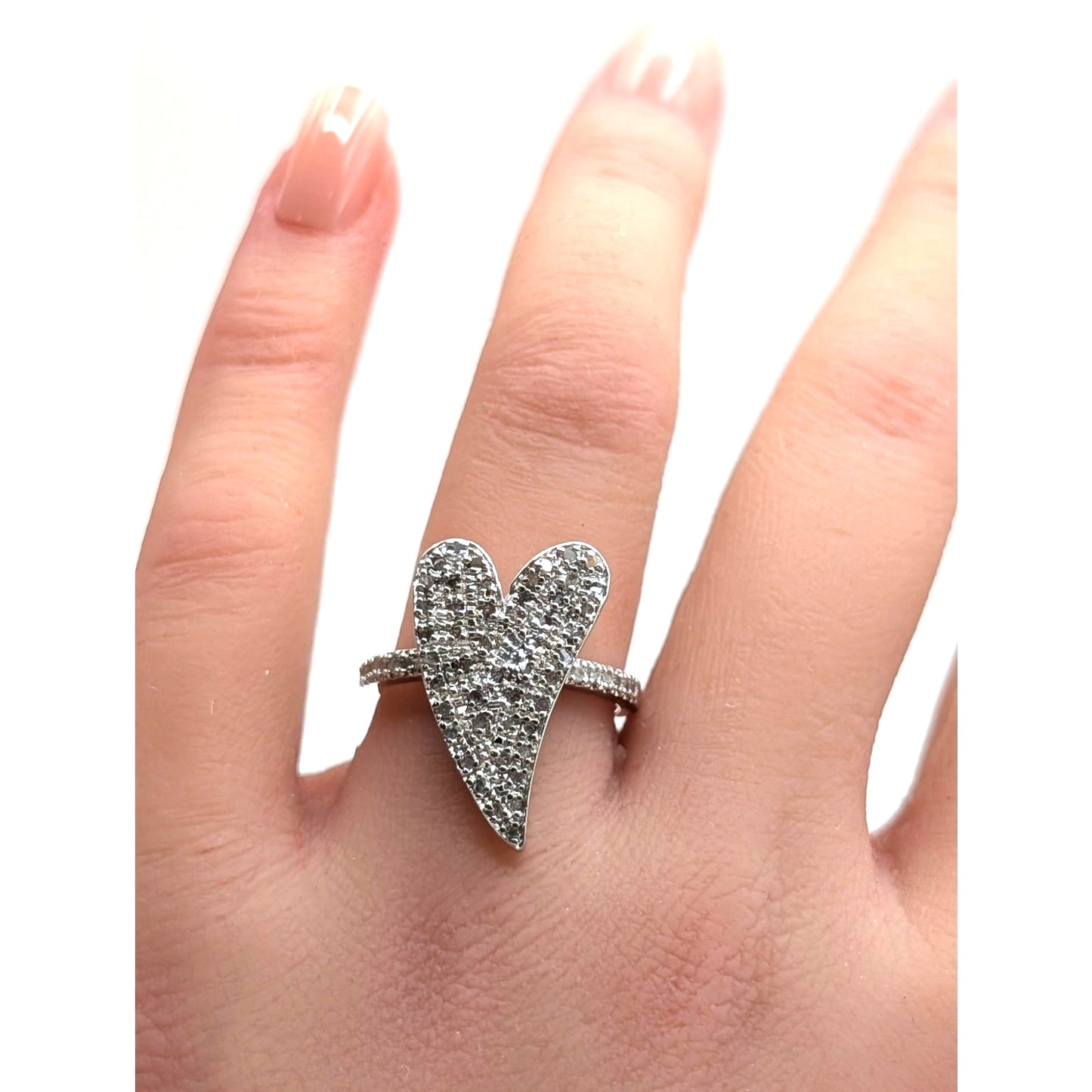 925 Sterling Tests as Diamond Pave Curved Heart Ring Size Between 6.75 & 7