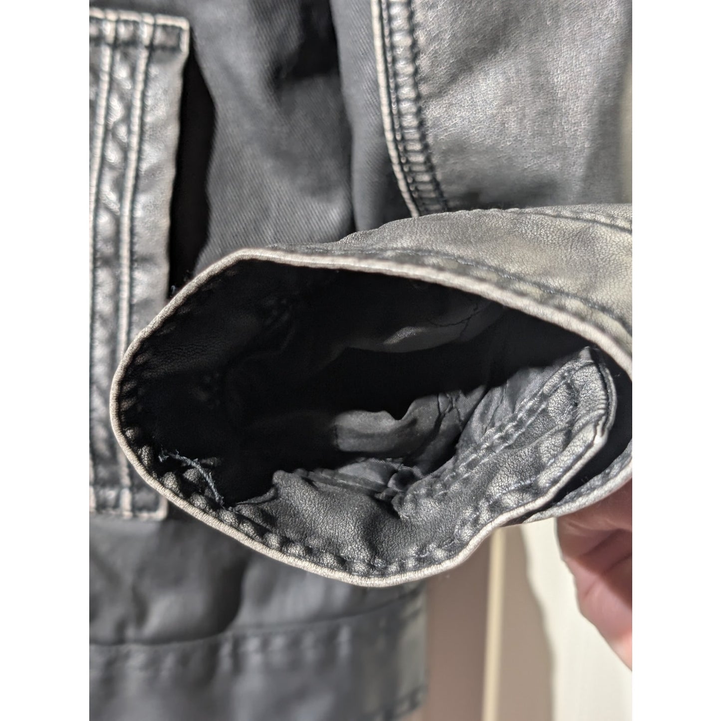 BKE Standard Fit Washed Out Charcoal Front Zip Removable Hood Bikers Jacket Sz M