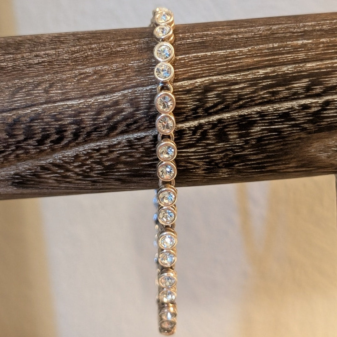 Vintage Bezel Set Silver Tone CZ Tennis Bracelet W/ Fold Over Clasp