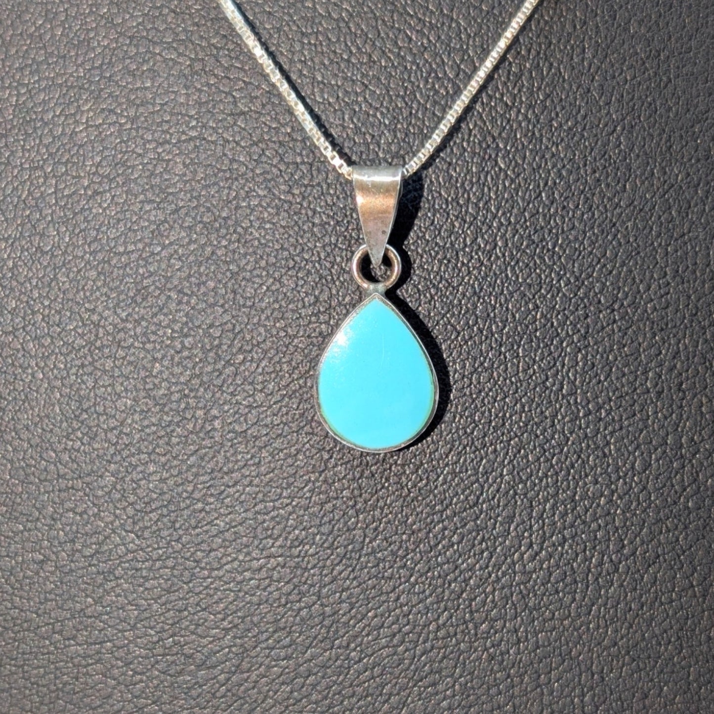 Vintage 925 Sterling Silver Turquoise Teardrop Pendant Box Chain 18" Necklace