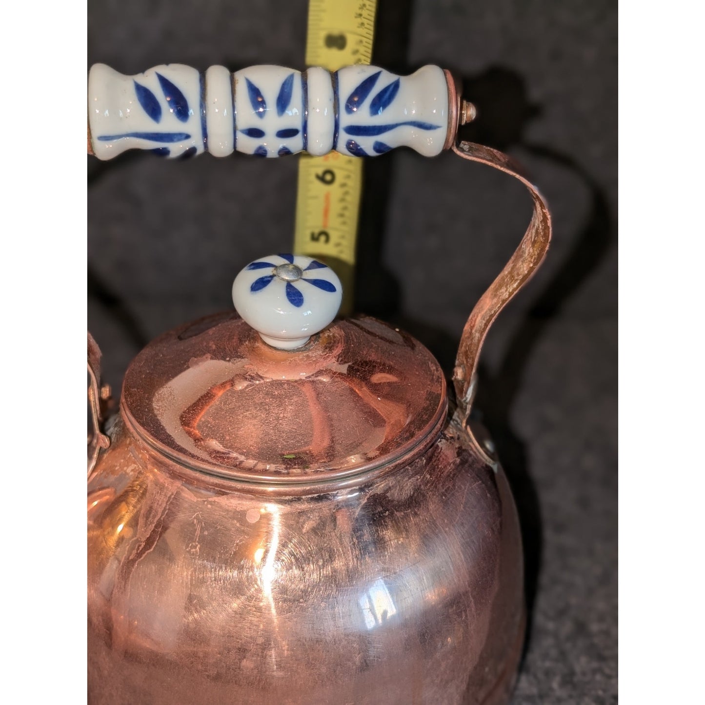 Vintage Antique Copper Tea Kettle W/ Blue White Ceramic Handle & Lid