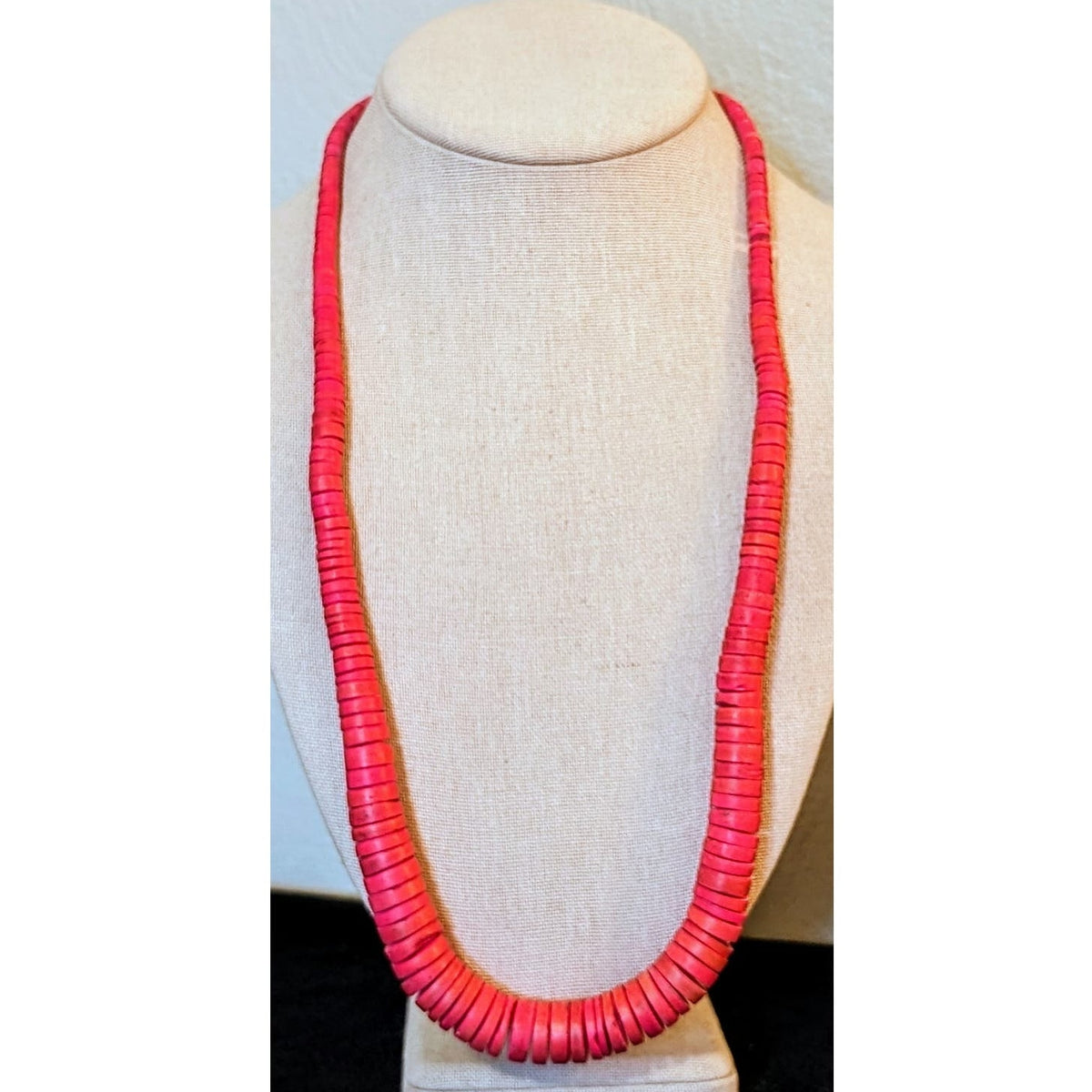 Vintage Pink Graduated Wood Disk Bead Necklace W/ Barrel Clasp