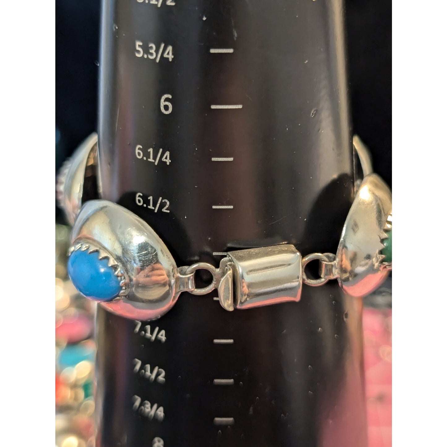 Vintage Mexico Signed 925 Sterling Multi-Stone Domed Link Bracelet