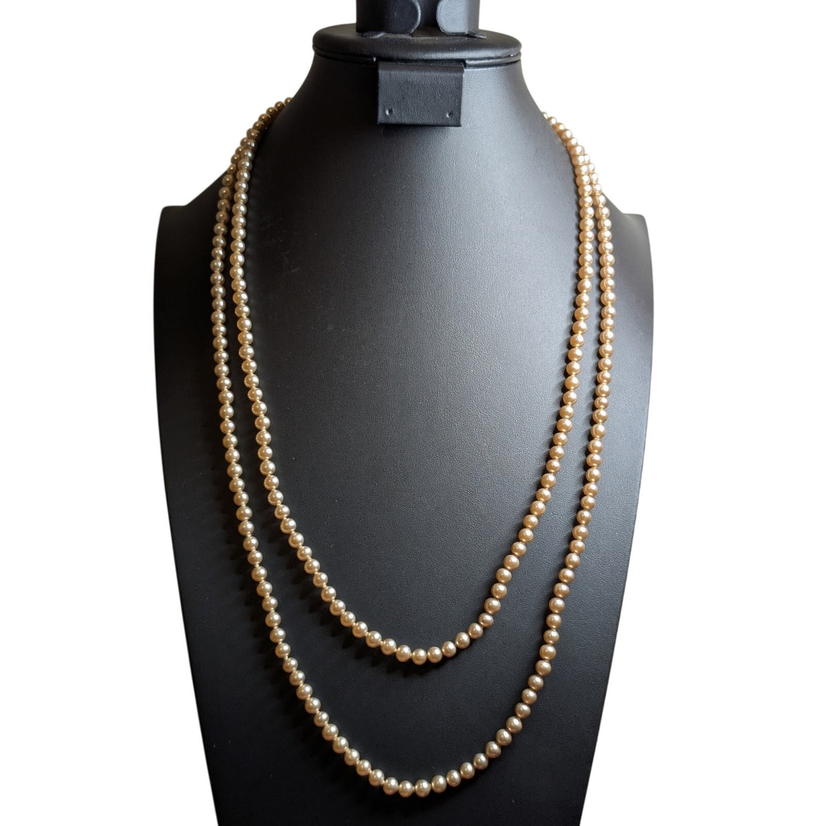 Vintage 58" Long 5-6mm Faux Champagne Pearl Rhinestone Slide In Clasp Necklace