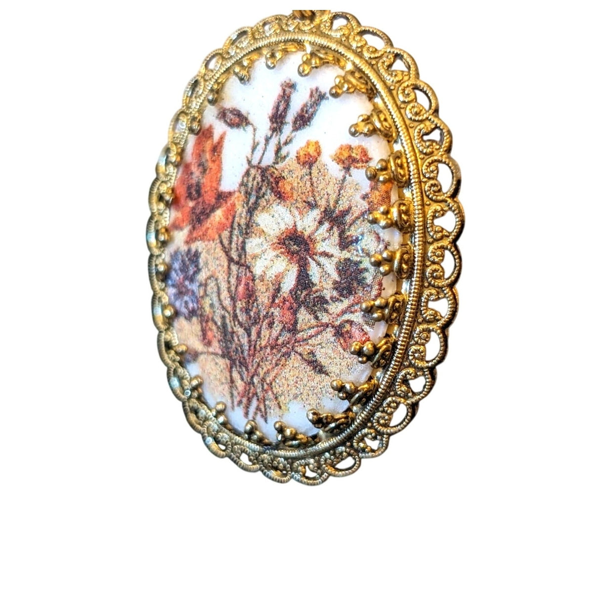 West Germany Vintage 60s Floral Print Sugar Glass Pendant Filigree 25" Necklace