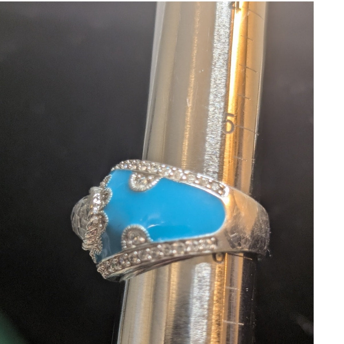 Judith Ripka Aqua Enamel Blue Spinel CZ 925 Sterling Cigar Band Ring Sz 5.75
