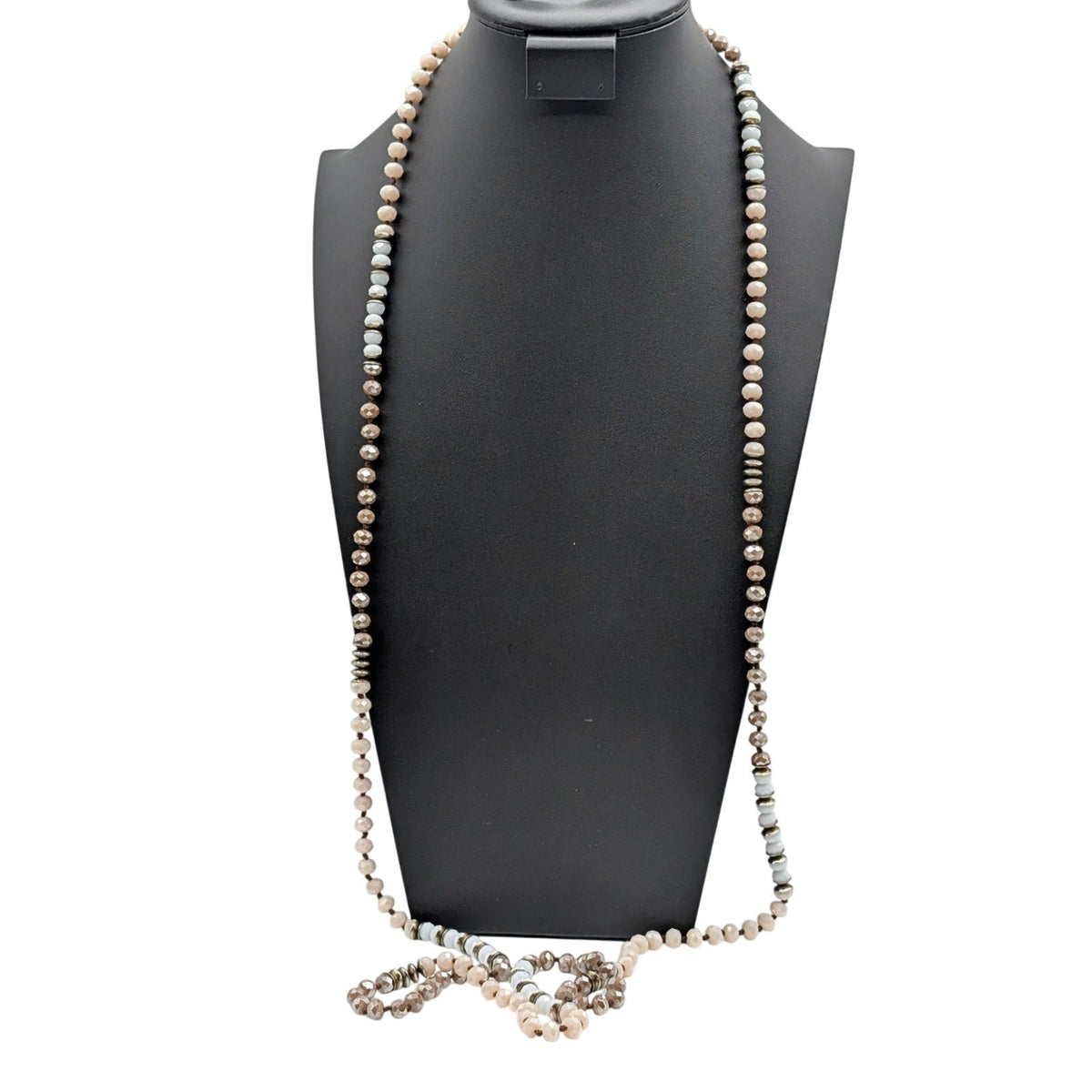 Long Strand Taupe Champagne Czech Milk Glass Silver Rondelle Bead Boho Necklace