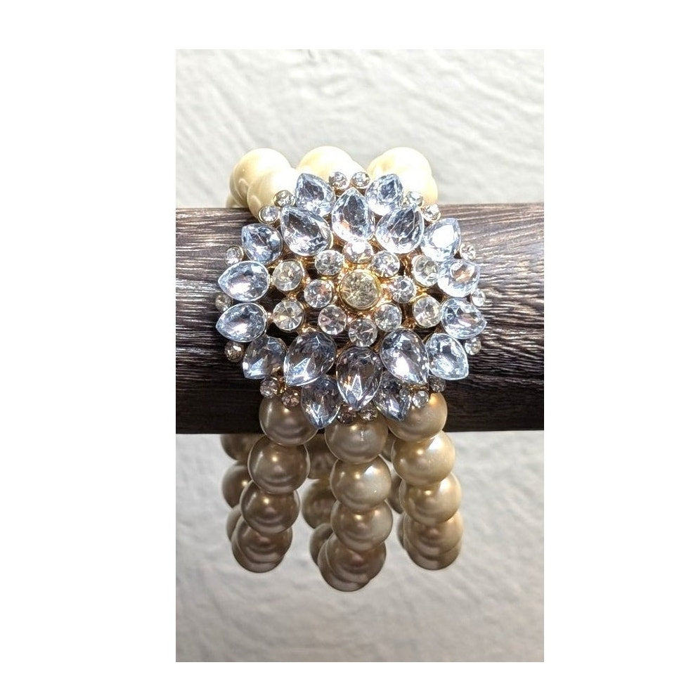 Lot of 2 Button Cuff Faux Pearl Bracelet & 3 Strand Rhinestone Stretch Bracelets
