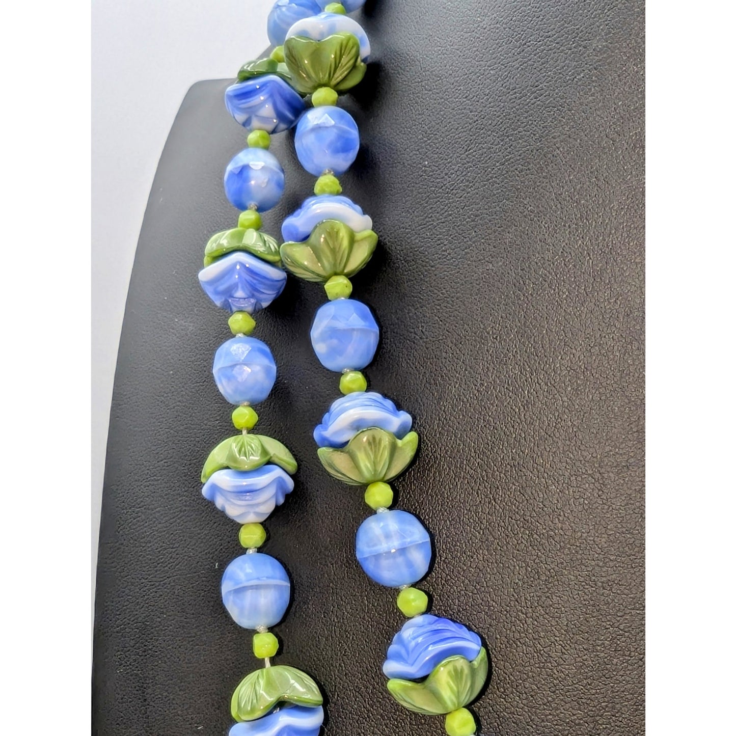 Vintage Art Deco Blue Green Slag Glass Flower Bead Long 50" Necklace