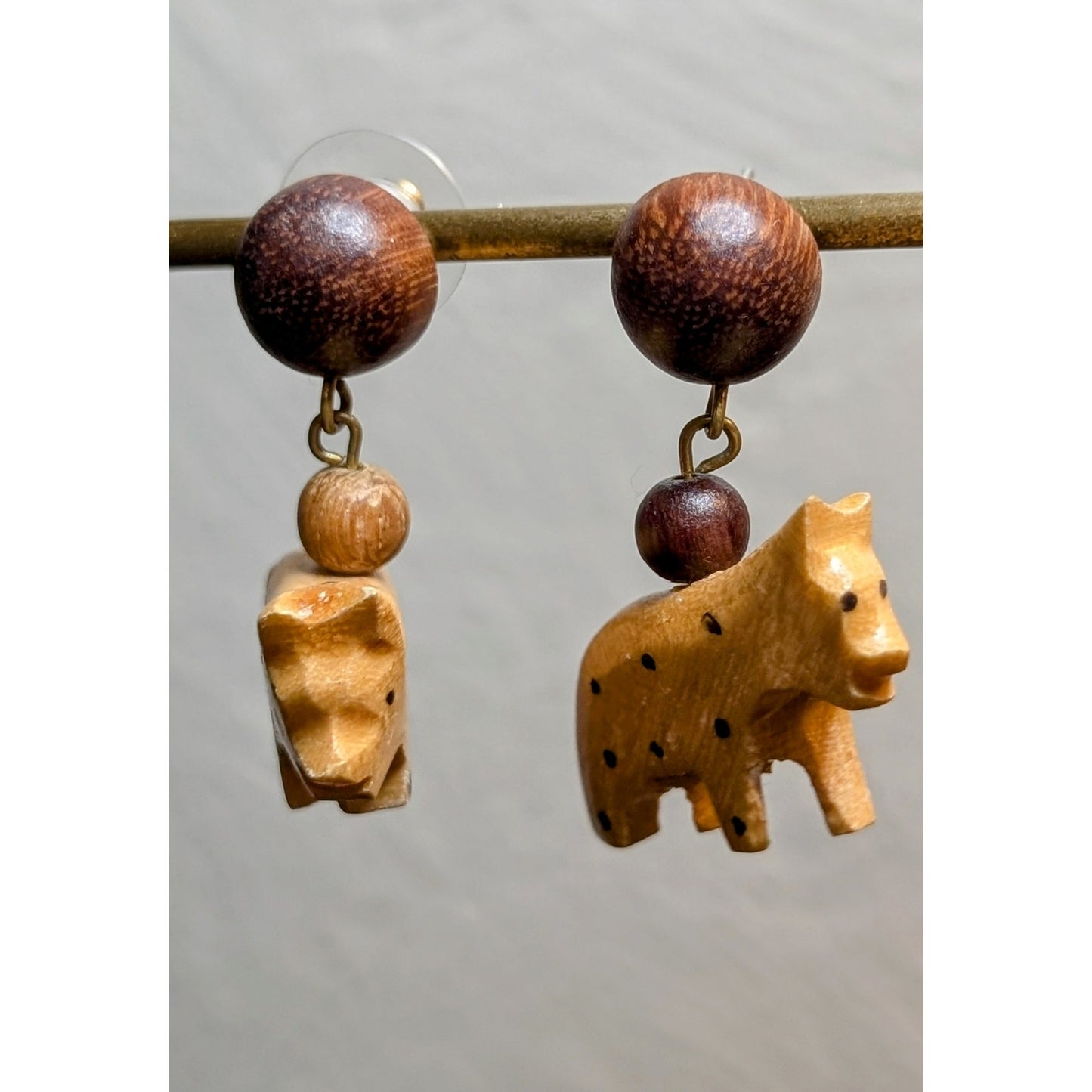 Vintage 1980s Wooden Carved Animal Tribal Necklace & Earring Set