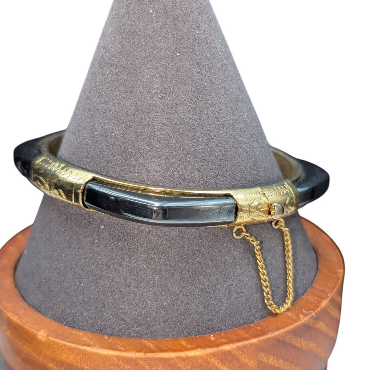 Vintage Hematite Gold Plated Hinged Squared Off Safety Chain Bangle Bracelet