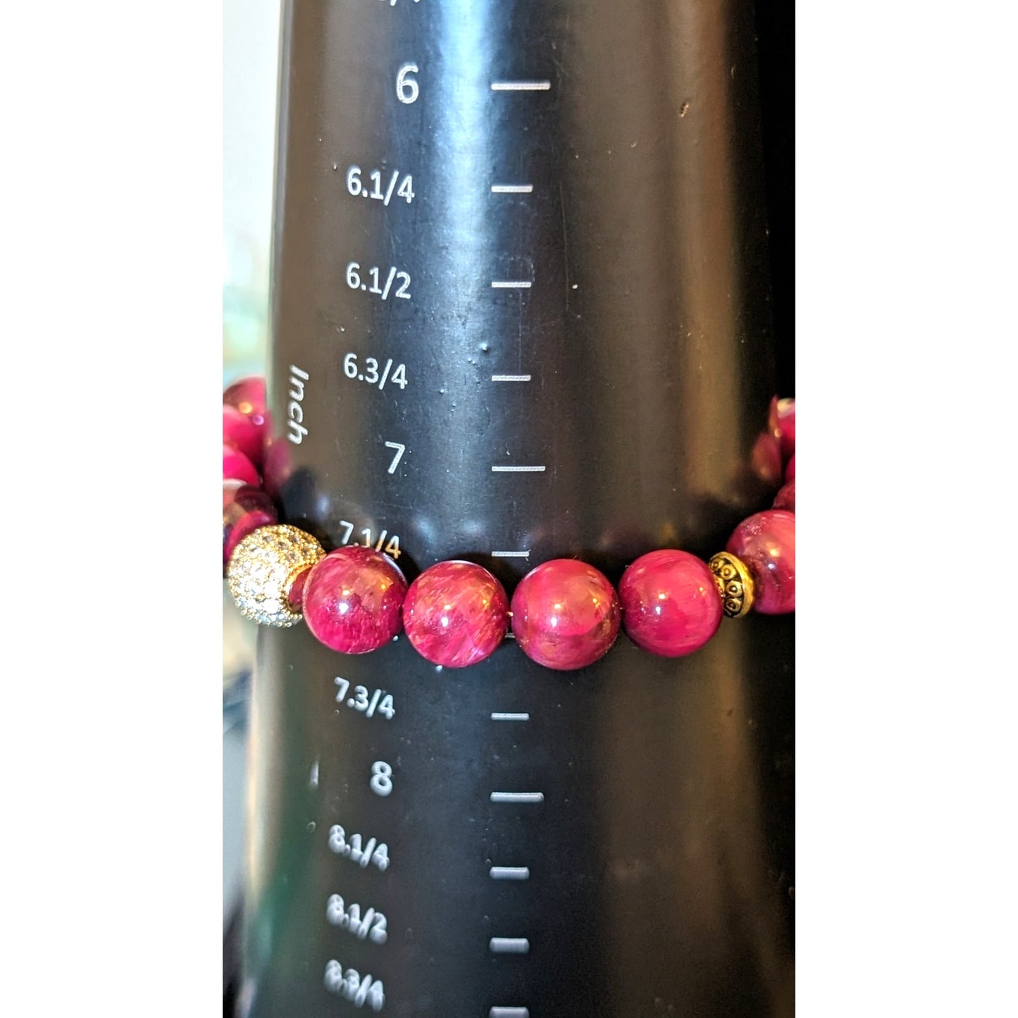 Magenta Fuschia Tiger Eye Agate Stone & Rhinestone Bead 14k Gold Filled Bracelet