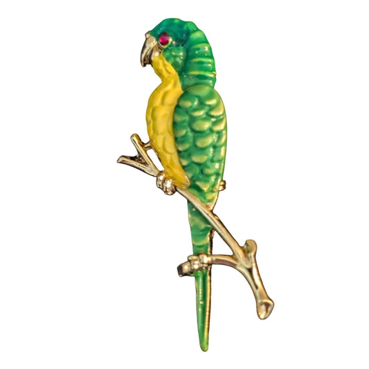 Vintage Gerry's Green & Yellow Enamel Parrot on Branch Pin