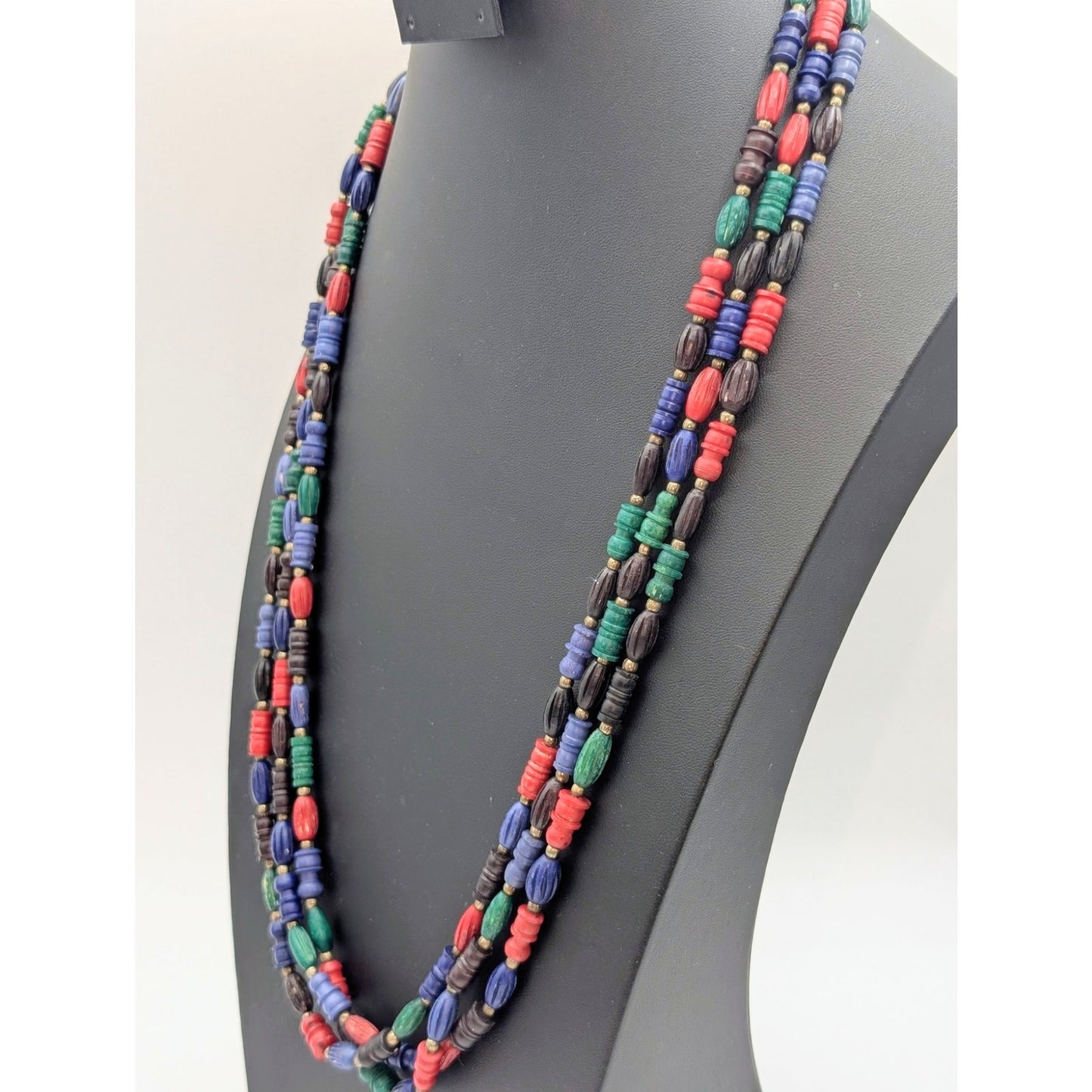 Vintage Triple Strand Jewel Tone Tribal Resin Bead Hook Clasp 30" Necklace
