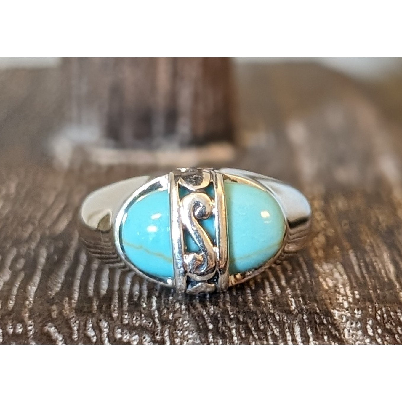Filigree Overlaid Turquoise Marked 925 Sterling PD Ring Size 4.5
