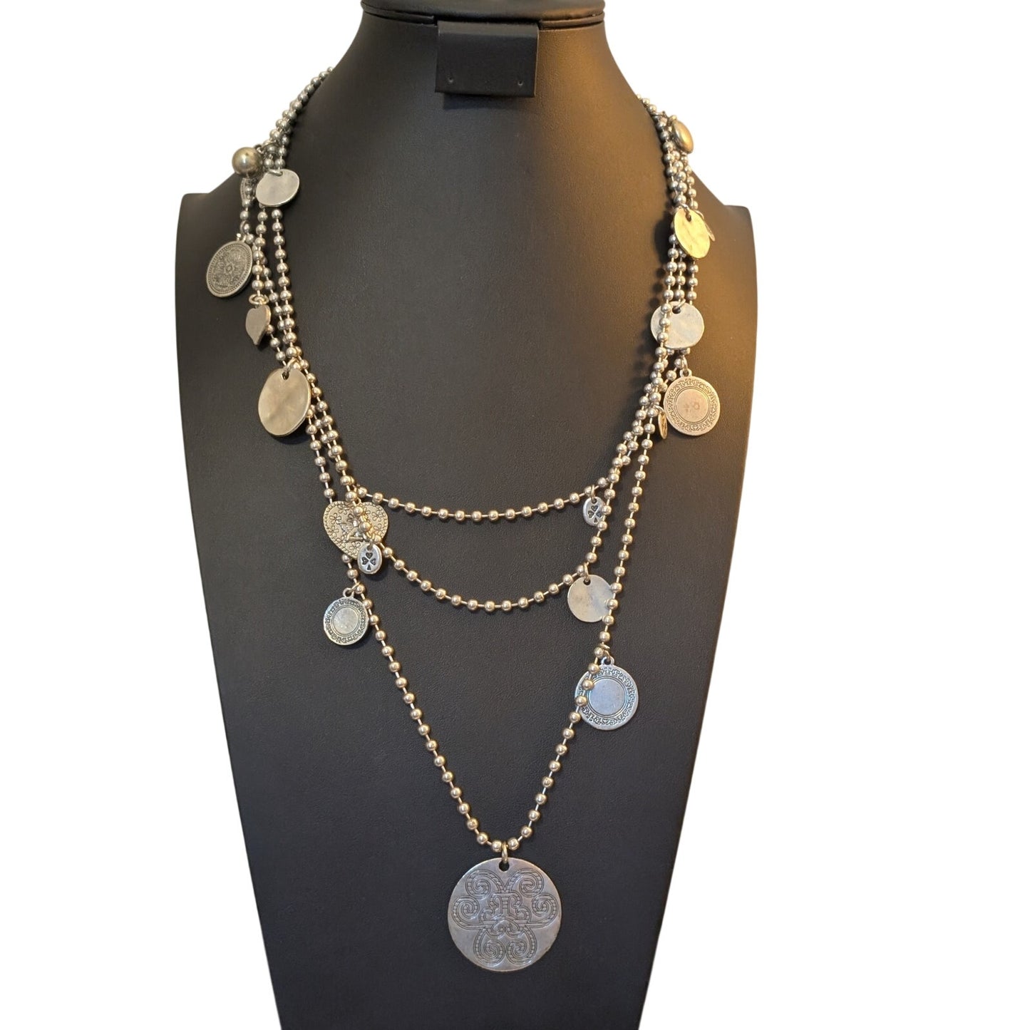 Silver Tone Bead Ball Chain W/ Medallian Charm Dangles & Lobster Claw Clasp